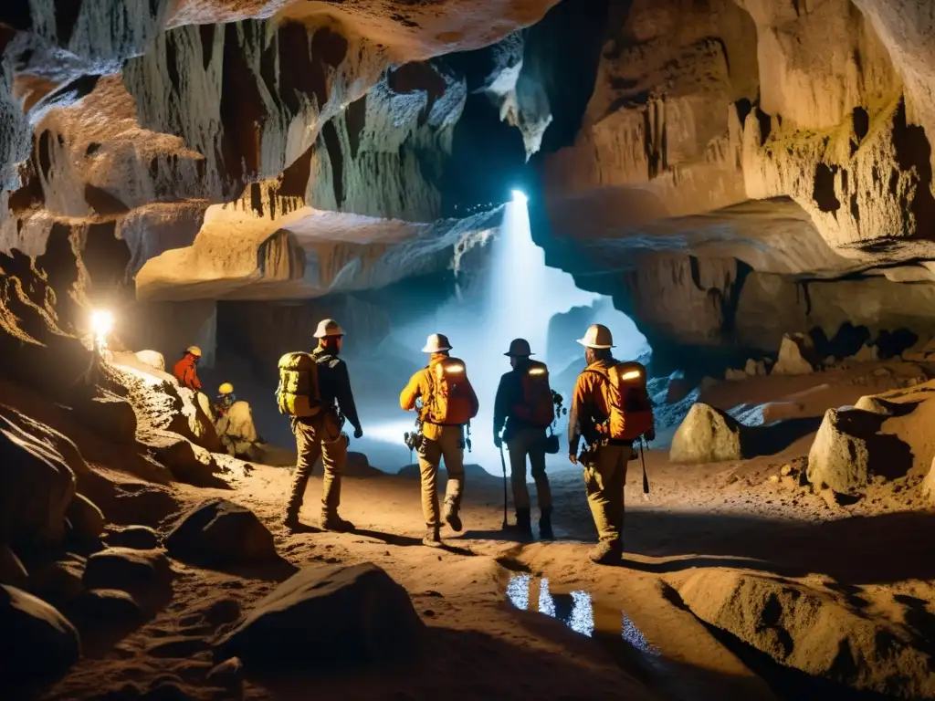 Exploradores subterráneos con sistemas anticaídas, navegando entre estalactitas y estalagmitas en cuevas oscuras