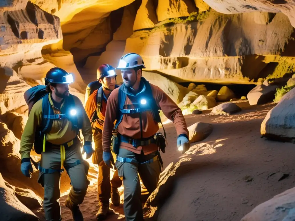 Exploradores subterráneos con sistemas anticaídas, iluminando cuevas rocosas con sus lámparas de cabeza, cautelosos y decididos