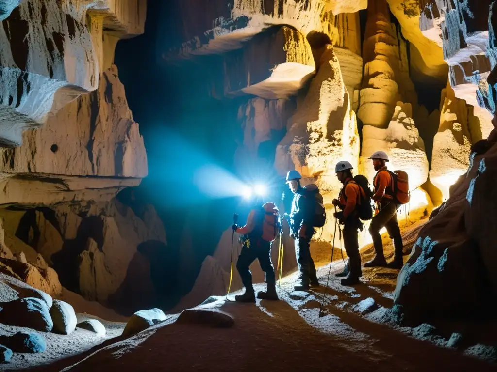 Exploradores subterráneos con sistemas anticaídas, explorando cavernas misteriosas entre estalactitas y estalagmitas