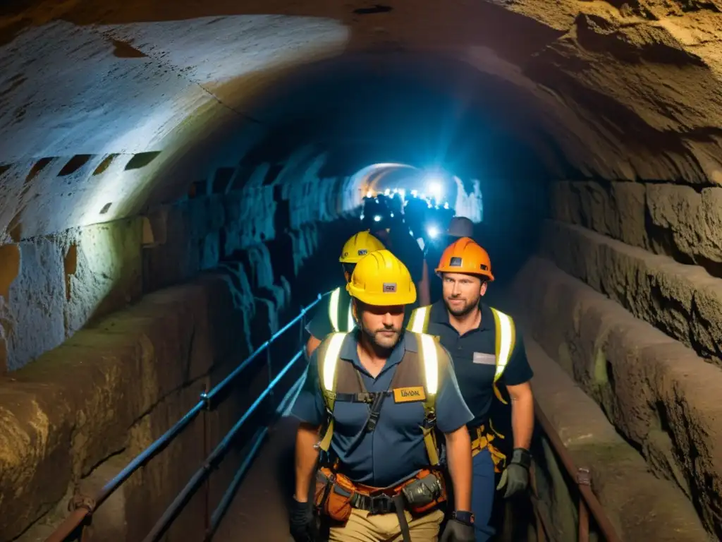 Exploradores subterráneos con sistemas anticaídas inspeccionando una histórica y oscura cueva de piedra