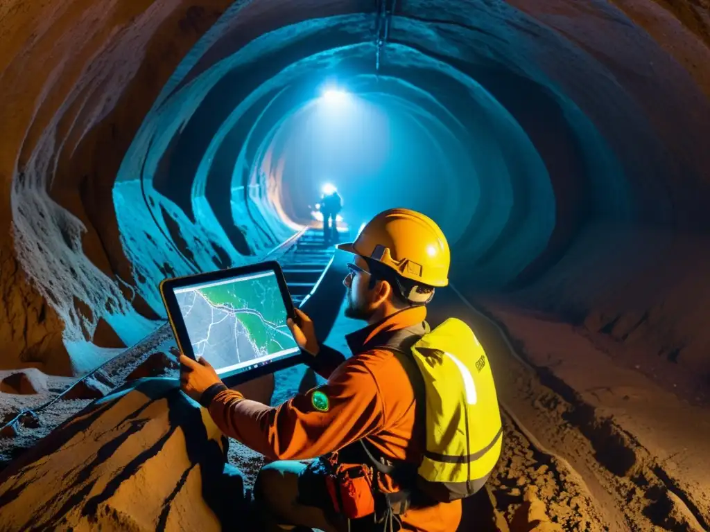 Exploradores subterráneos usando software de mapeo para explorar una cueva oscura