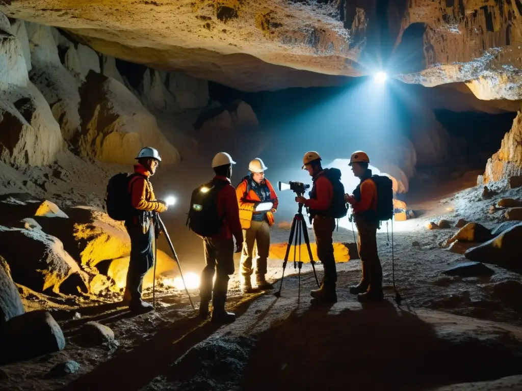 Exploradores subterráneos usando software de mapeo para documentar cuevas oscuras y complejas