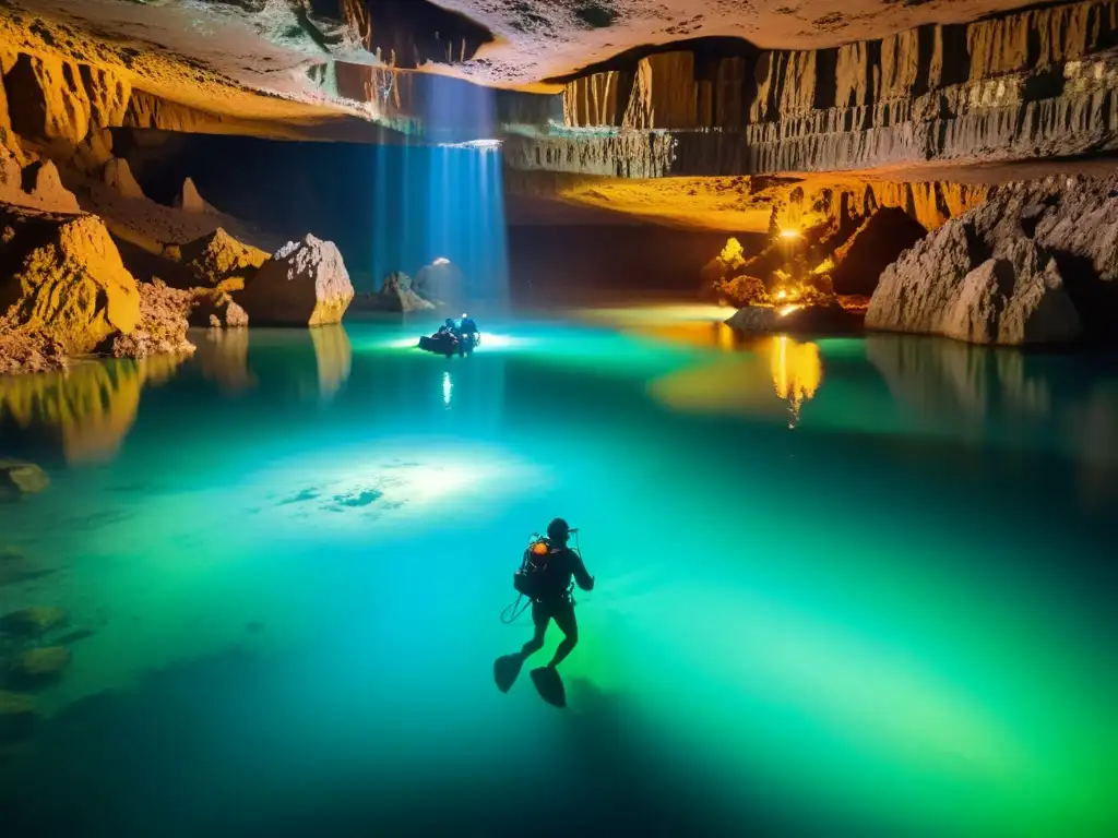 Exploradores sumergidos en agua cristalina en el Gran Acuífero Maya