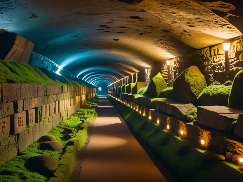 Exploradores con tecnología de Realidad Aumentada en túneles subterráneos históricos, con paredes de piedra cubiertas de musgo y antorchas titilantes