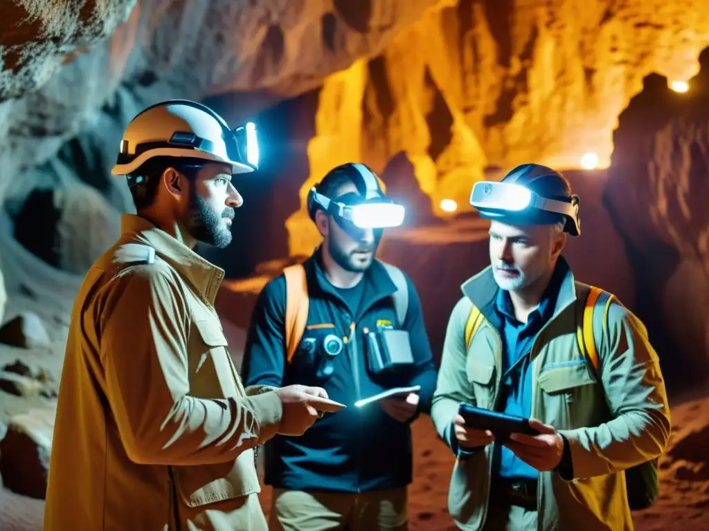 Exploradores usando tecnología de Realidad Aumentada para exploración subterránea, revelando maravillas ocultas