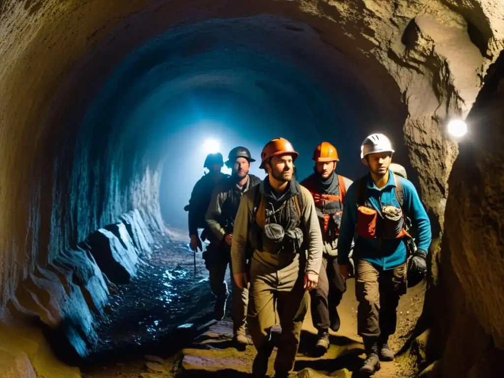 Exploradores en túnel antiguo, con expresiones determinadas y lámparas