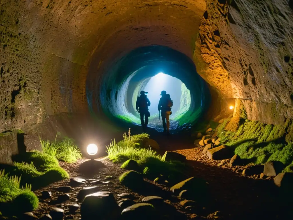 Exploradores en busca de Atlantis Exploradores en túnel de la Atlántida, iluminados por sus lámparas, descubren misteriosas ruinas