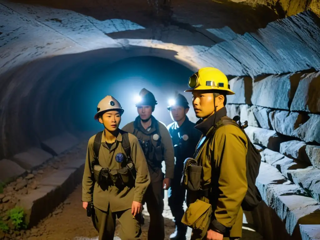 Exploradores en túnel de la Guerra de Corea, con linternas iluminando pasadizos y revelando la ingeniería de túneles