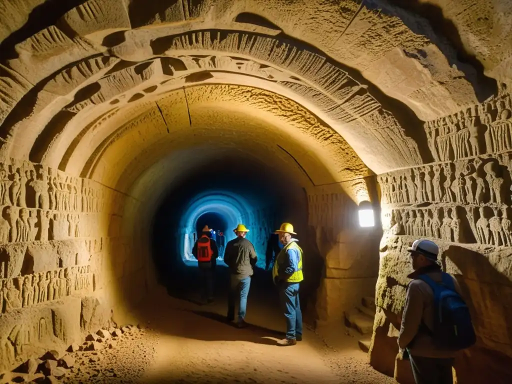 Exploradores examinan detalladamente túnel histórico, iluminando antiguas estructuras con linternas