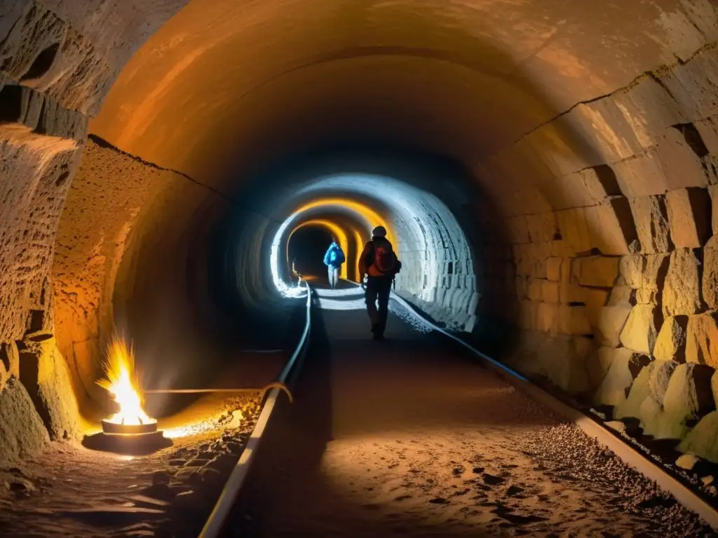 Exploradores se adentran en un túnel histórico iluminado por antorchas, revelando secretos y misterios