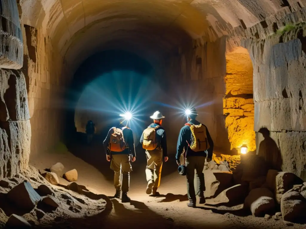 Exploradores con headlamps explorando un túnel histórico iluminado por la luz cálida, revelando misterios y aventuras subterráneas