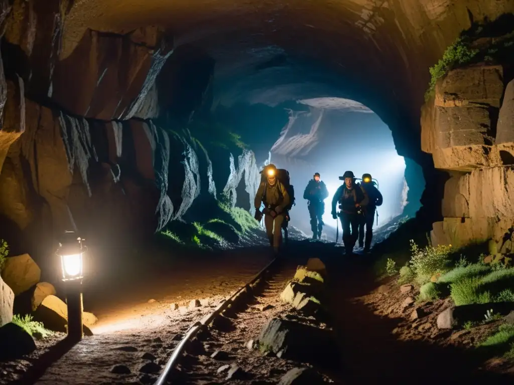 Exploradores descubren túnel histórico de la Segunda Guerra, iluminado por linternas eléctricas, con expresiones de asombro y determinación