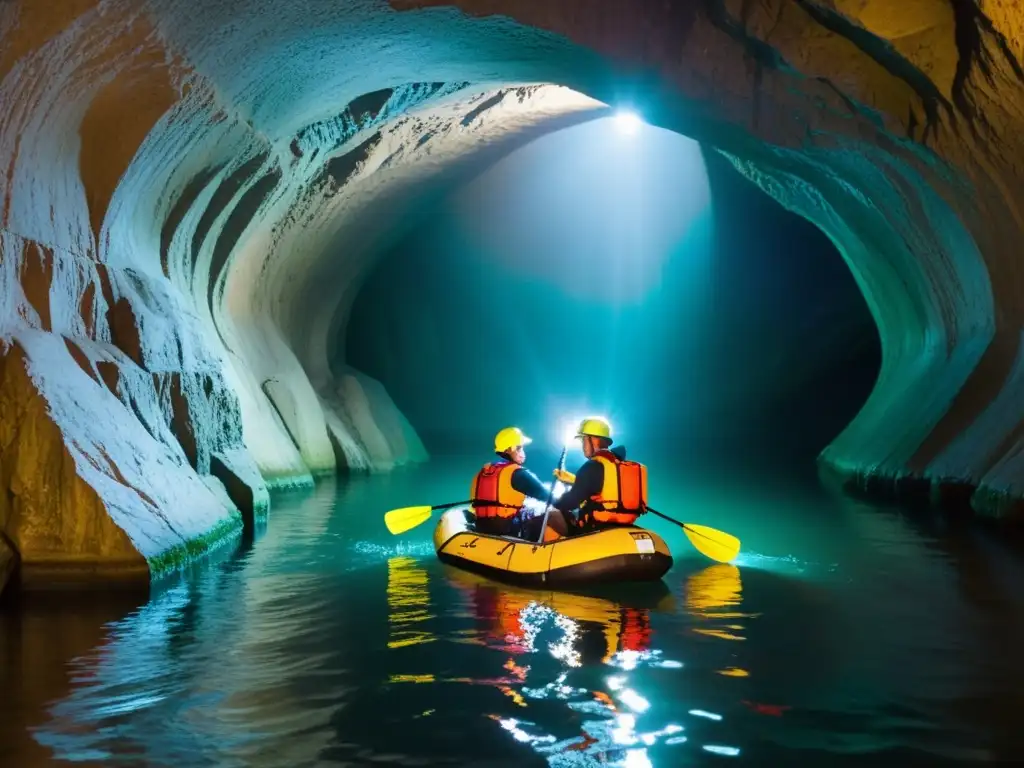 Exploradores en túnel oscuro con equipamiento de flotación, iluminados por linternas, desafiando el entorno acuático