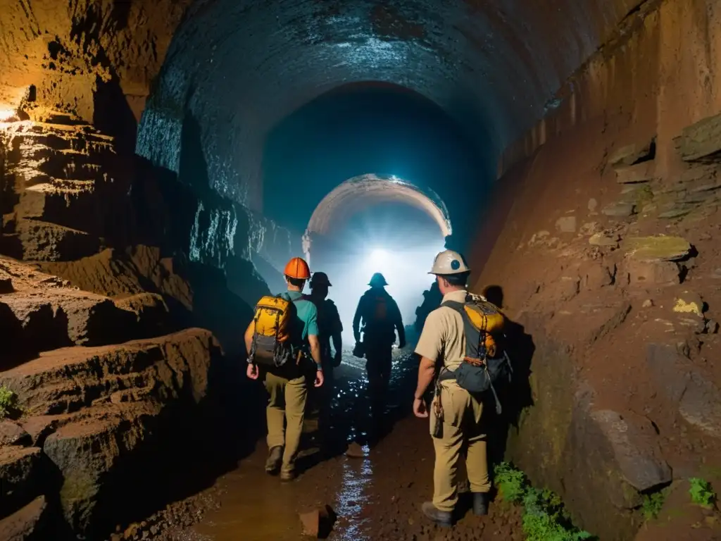 Exploradores en túnel oscuro con restos de maquinaria