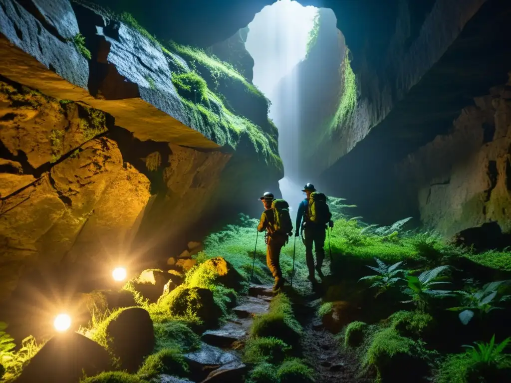 Exploradores descienden por un túnel subterráneo iluminados por linternas, revelando murales mitológicos