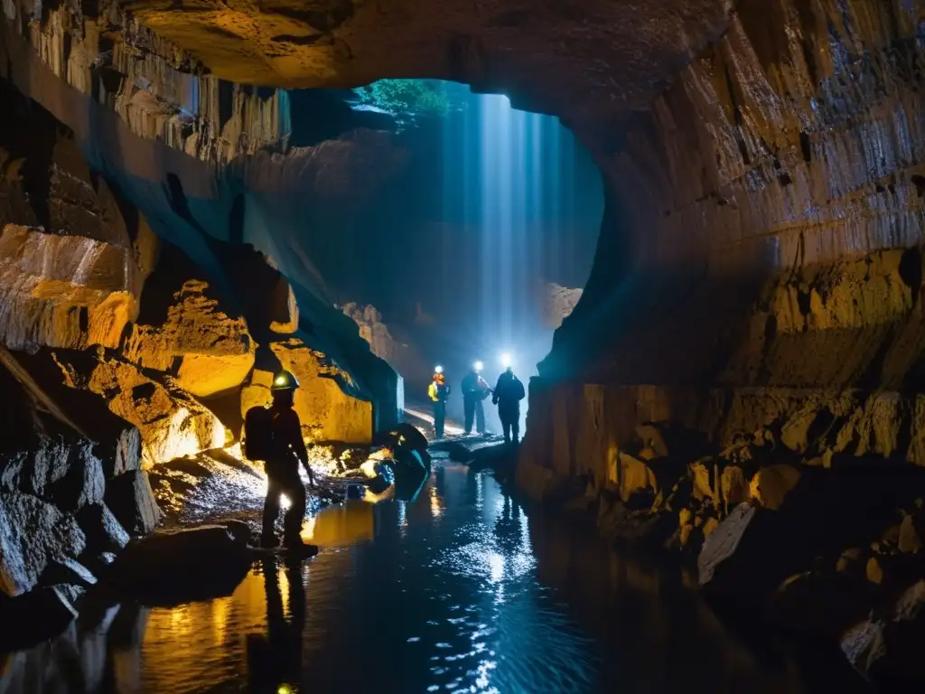 Exploradores inspeccionando un túnel subterráneo húmedo con luz de cabeza, para el manejo de inundaciones en exploraciones subterráneas