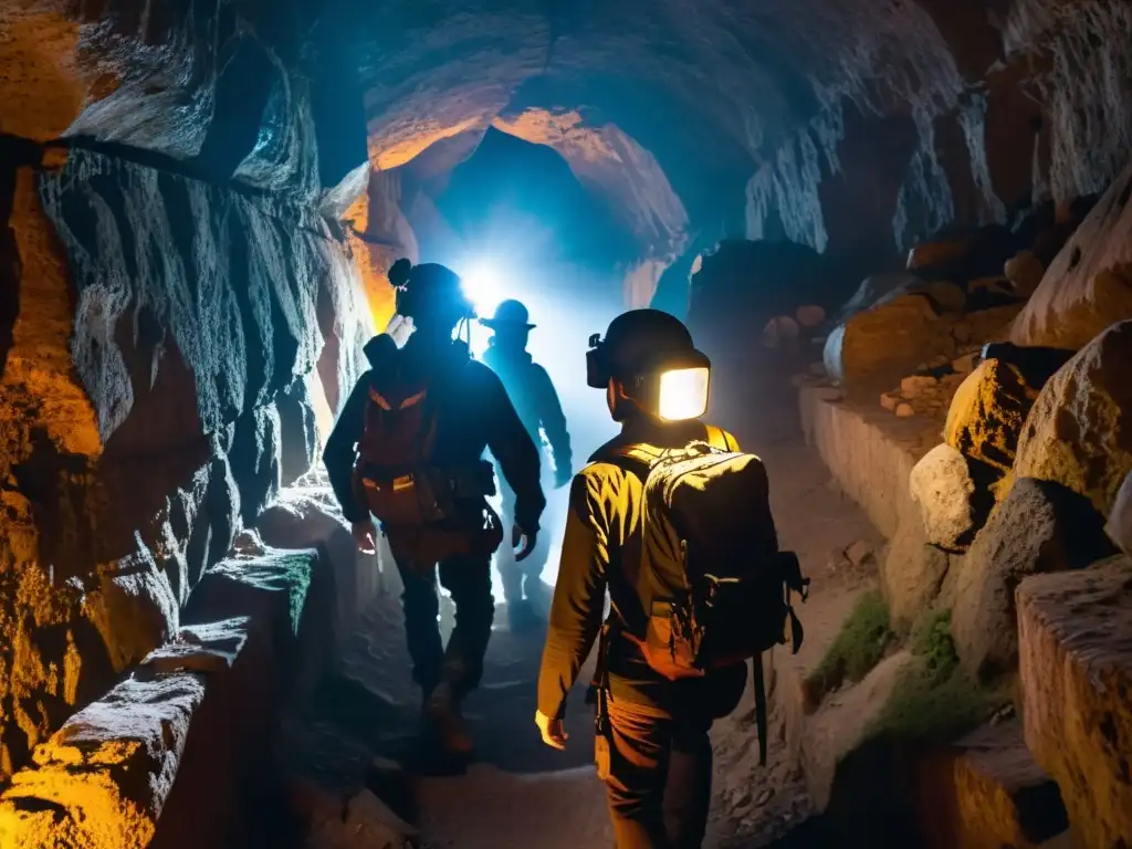 Exploradores descendiendo por los túneles oscuros de Derinkuyu, iluminados por sus linternas