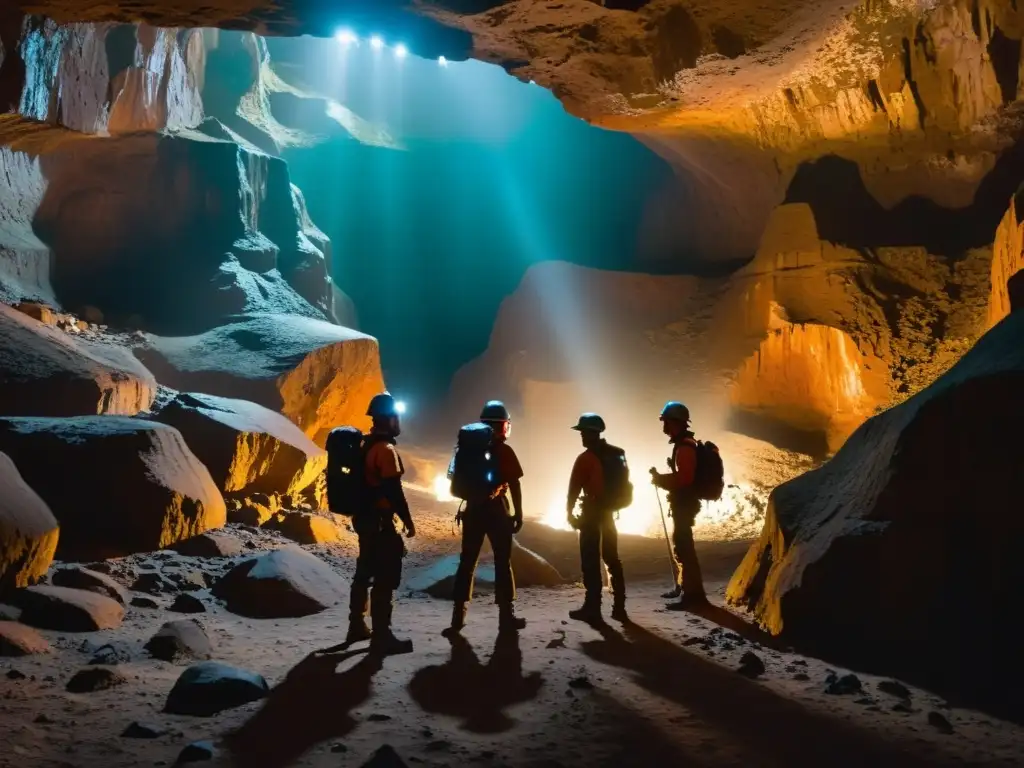 Exploradores de túneles en un paisaje subterráneo, con linternas iluminando la belleza misteriosa