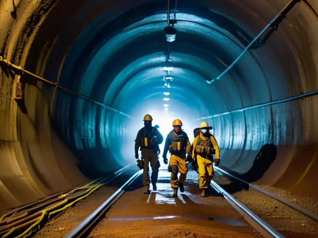 Exploradores en túneles restringidos era nuclear, cautelosos ante la oscuridad y la incertidumbre, con linternas iluminando lo desconocido