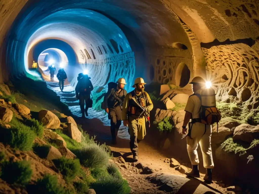 Exploradores en túneles subterráneos cátaros de Francia, revelando historia y misterio en antiguas cámaras bajo colinas