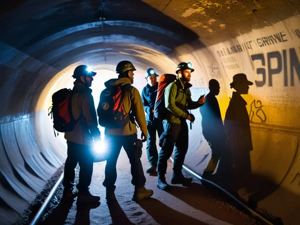 Exploradores urbanos con linternas y equipo de escalada adentrándose en un túnel subterráneo, con graffiti y sombras misteriosas