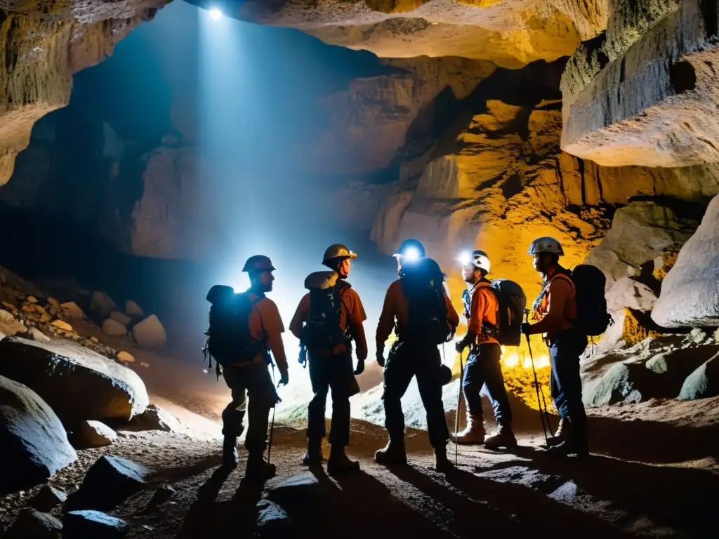 Exploradores con vestimenta para exploración subterránea iluminando una cueva oscura con sus linternas