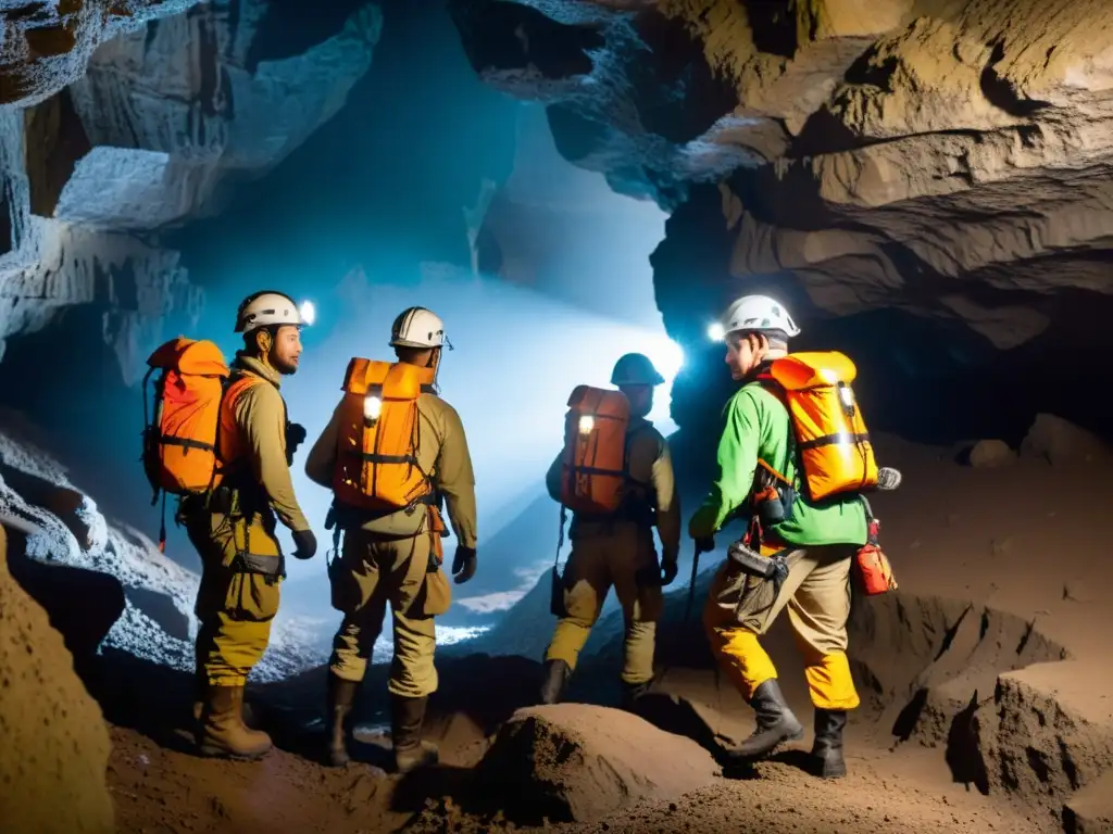 Exploradores con vestimenta para exploración subterránea, iluminados por sus lámparas mientras exploran una cueva húmeda y rocosa