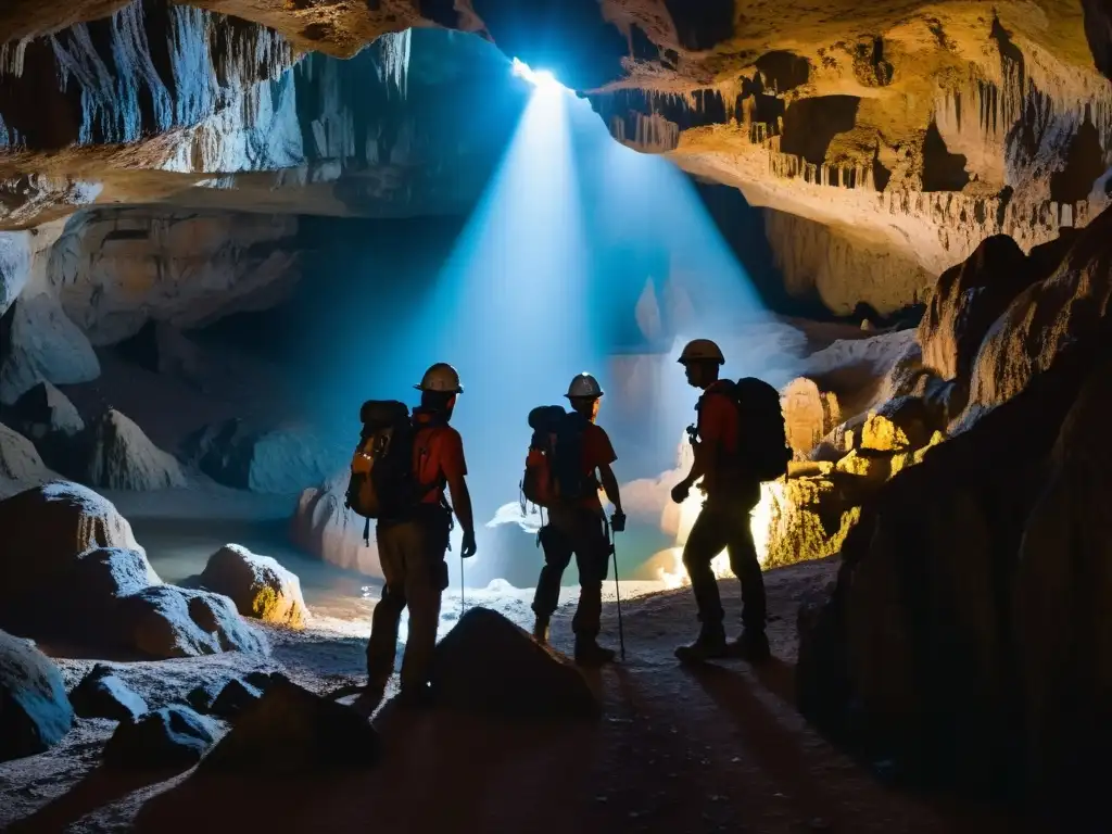 Exploradores con vestimenta para exploración subterránea, iluminan caverna llena de formaciones naturales, mostrando determinación y asombro