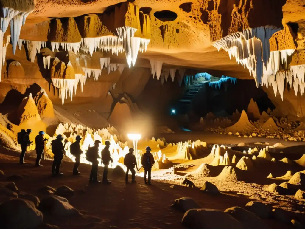 Exploradores documentando la vida microbiana en cuevas subterráneas, resaltando la importancia de la bioconservación