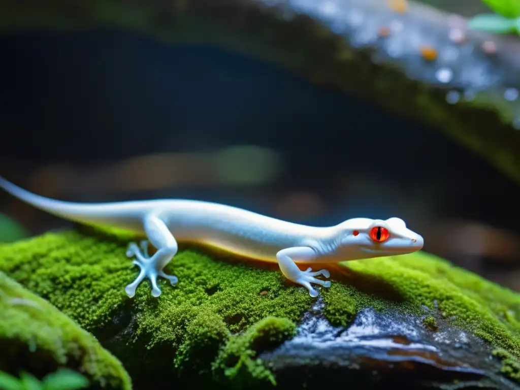 Una familia de salamandras albina navega con gracia por un túnel histórico, su hogar subterráneo, mientras la luz del sol crea un ambiente etéreo