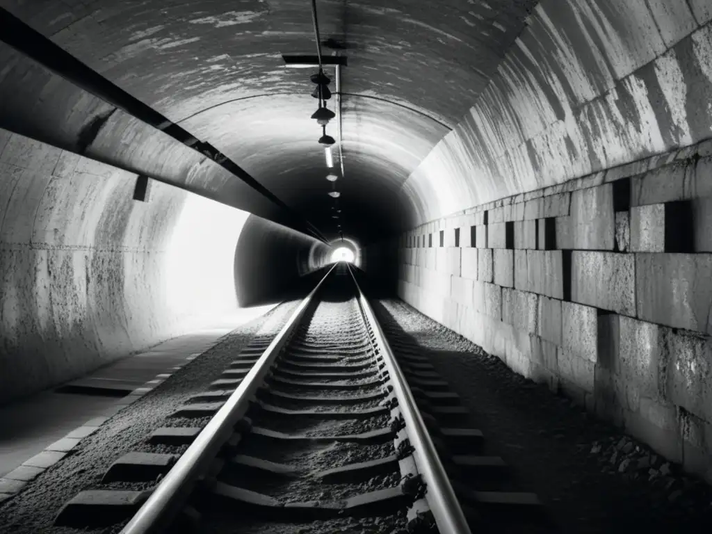 Una fascinante fotografía en blanco y negro de un antiguo túnel subterráneo