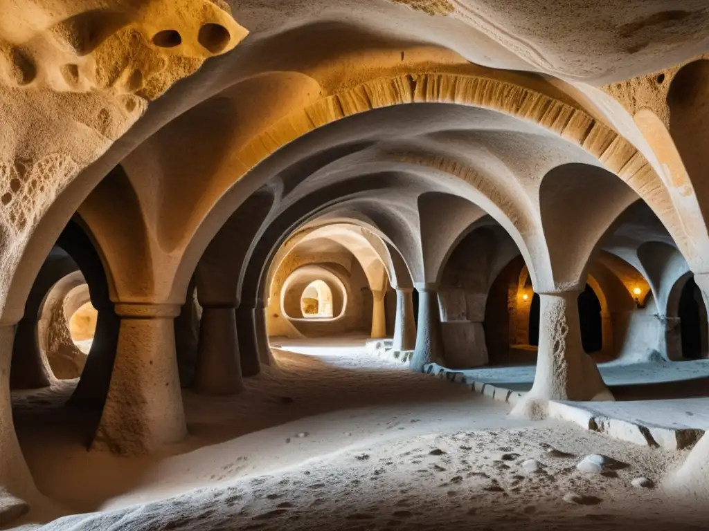 Descubre la fascinante civilización subterránea de Cappadocia con sus intrincados túneles y cámaras, destacando la arquitectura y la misteriosa atmósfera de la ciudad subterránea