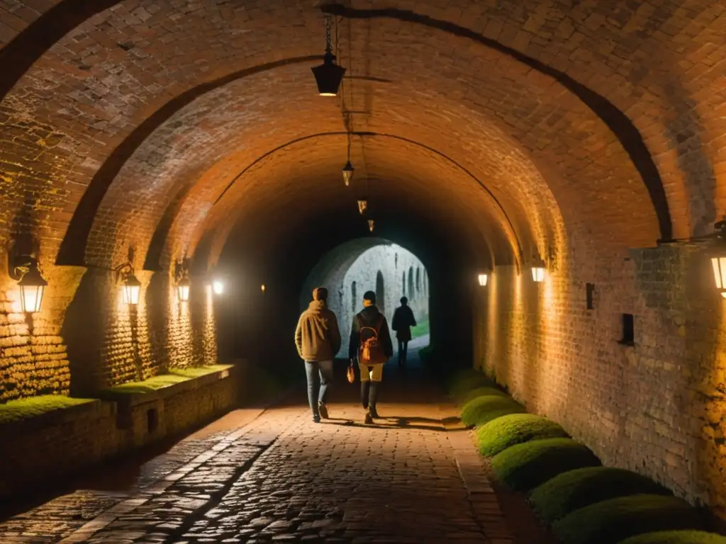 Un fascinante túnel histórico educativo iluminado por antiguas linternas, donde estudiantes exploran y aprenden juntos