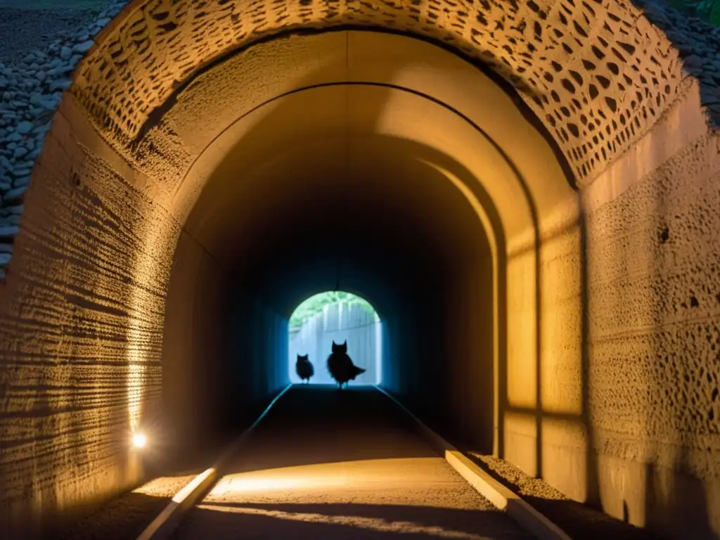 Fauna nocturna en túnel iluminado, impacto de la iluminación artificial en murciélagos, búhos y mamíferos