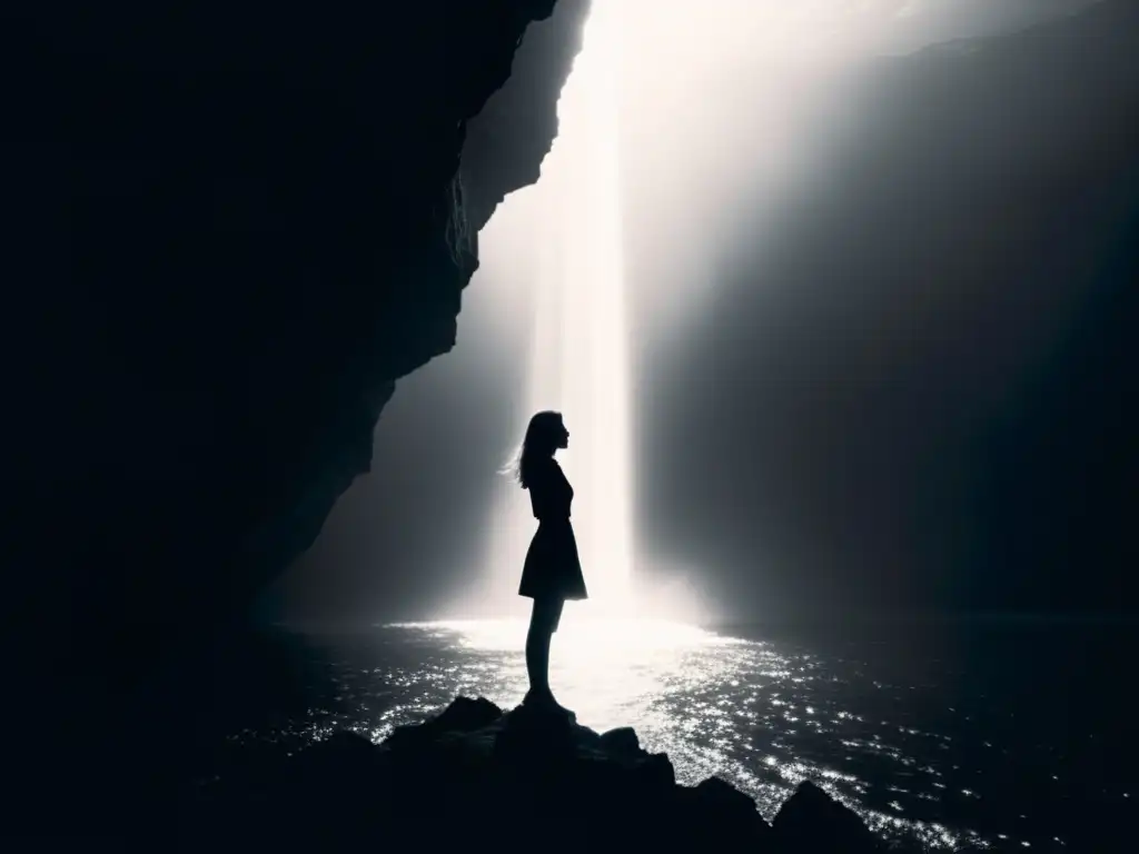 Silueta en la oscuridad: contemplación en el abismo Figura contemplativa al borde de un abismo oscuro, resalta el efecto de las profundidades psíquicas, evocando misterio y reflexión