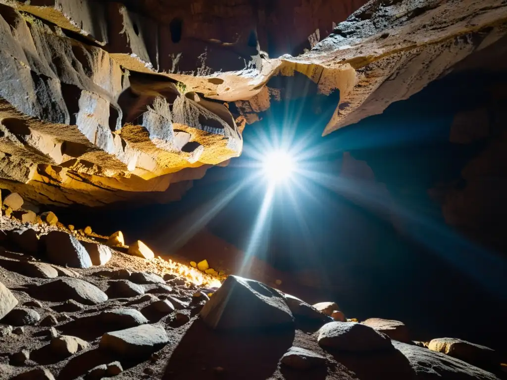 Filtros fotográficos para exploración subterránea: luz intensa ilumina caverna rocosa, resaltando texturas y contrastes dramáticos