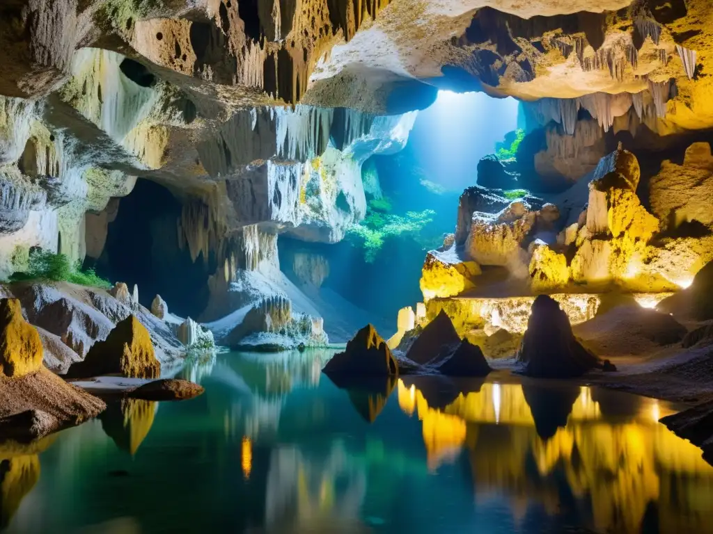 Exploración grutas subterráneas Skocjan: Formaciones de piedra caliza iluminadas por luz natural en la cámara subterránea, con río cristalino reflejando el paisaje surrealista