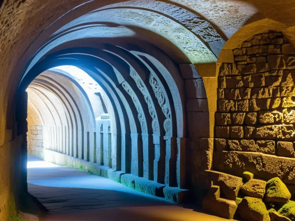 En las galerías subterráneas de la Fortaleza de Ehrenbreitstein, la luz y las sombras realzan las intrincadas carvings y la atmósfera misteriosa