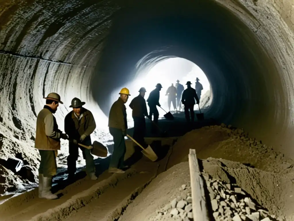 Foto de archivo en blanco y negro de trabajadores excavando un túnel con picos y palas, iluminados por linternas