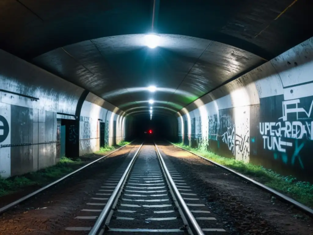 Foto en blanco y negro de un túnel subterráneo con grafitis, escombros y una luz al final, evocando los tenebrosos túneles de la Stasi en Alemania