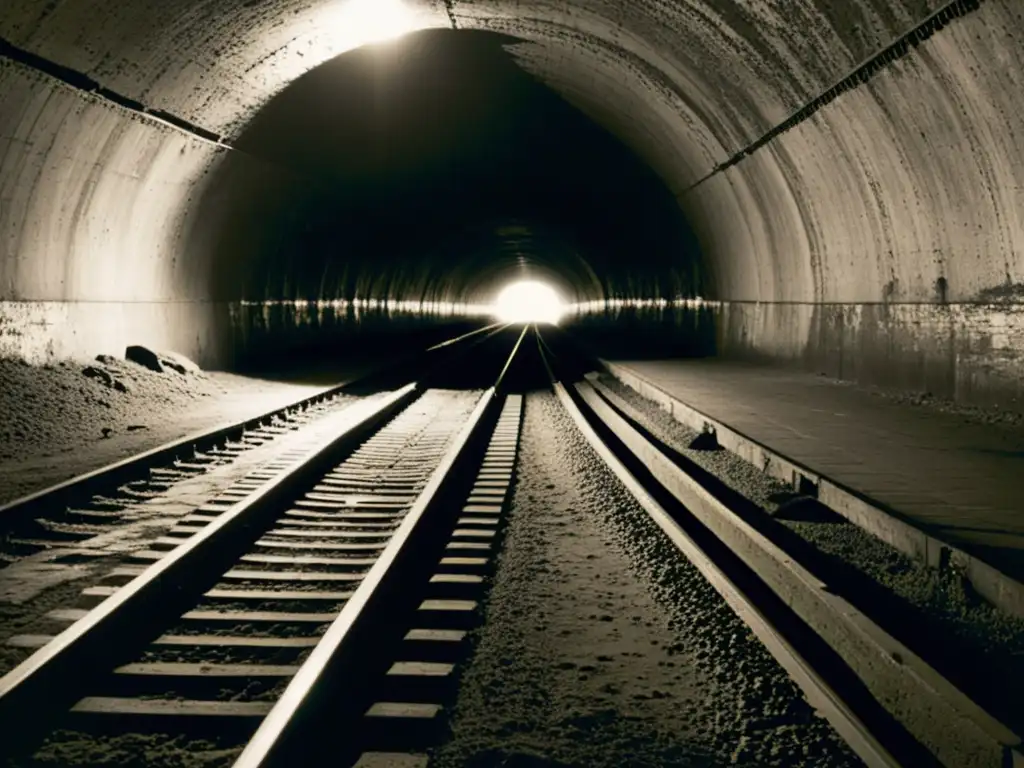 Foto en blanco y negro de túneles del Ferrocarril Subterráneo con vías desgastadas, luz tenue y figuras en la distancia