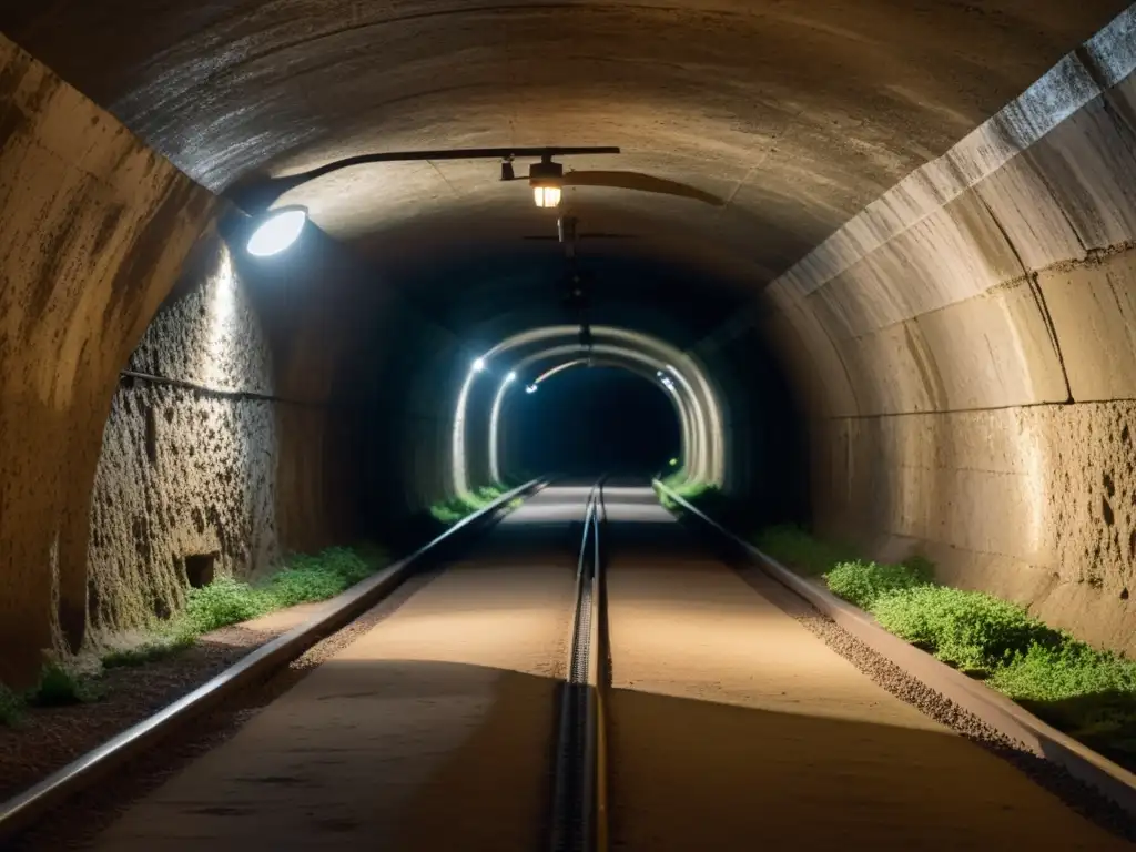 Foto documental de un túnel subterráneo histórico, iluminado tenue, con equipamiento de guerra antiguo