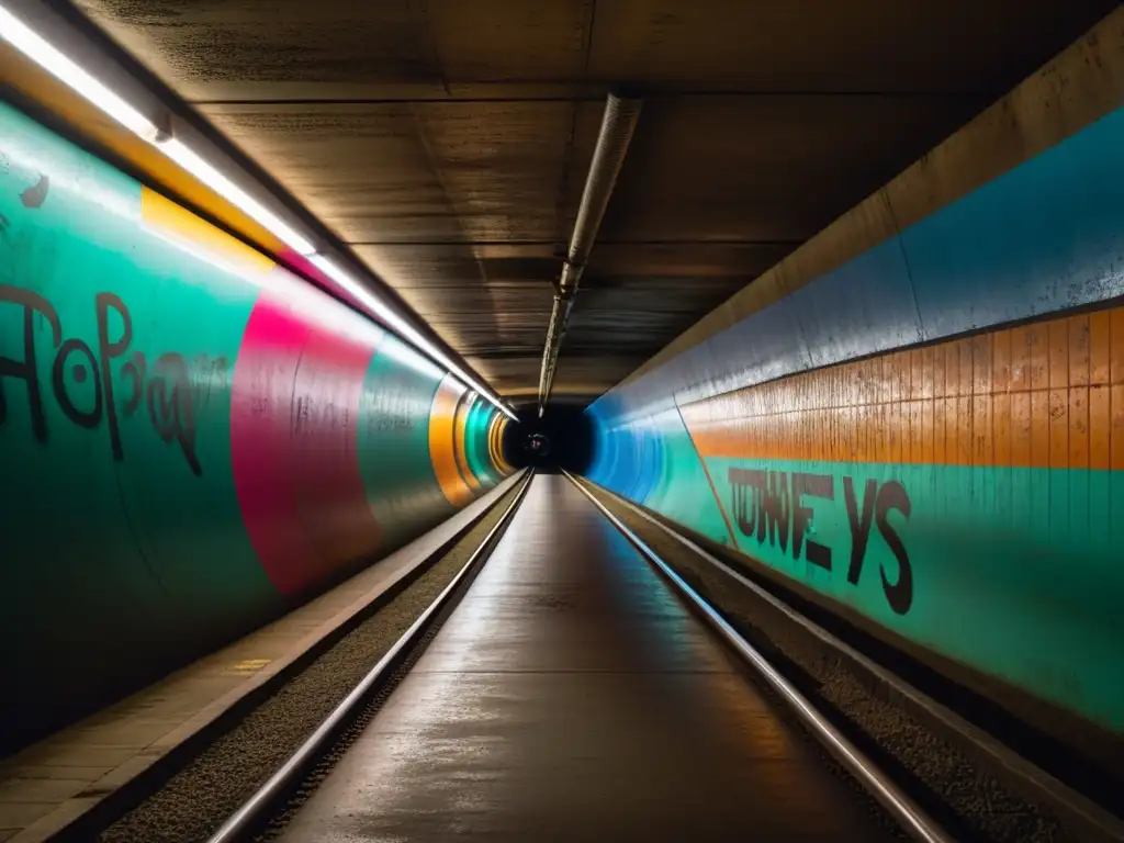 Fotografías de túneles para decorar: Intrigante túnel subterráneo con sombras y grafitis, evocando misterio y exploración urbana