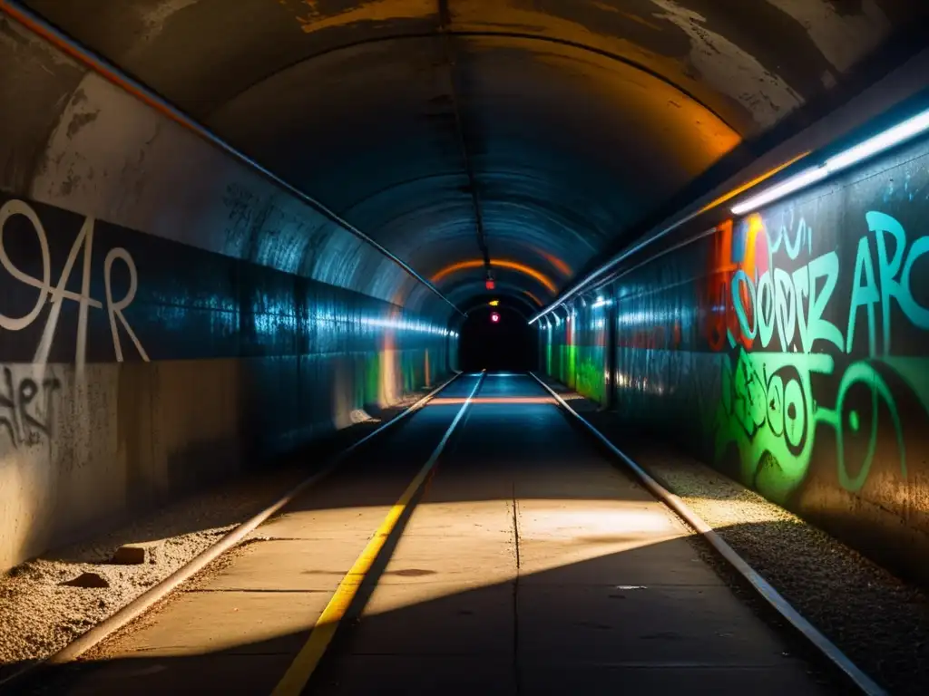 Decoración con fotografías de túneles urbanos: Intrigante túnel urbano con grafitis y sombras misteriosas, evocando exploración y misterio subterráneo