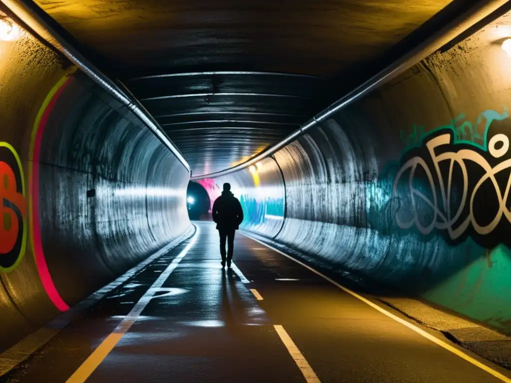 Decoración con fotografías de túneles urbanos: túnel urbano iluminado por farolas, con sombras largas y grafitis vibrantes en las paredes húmedas