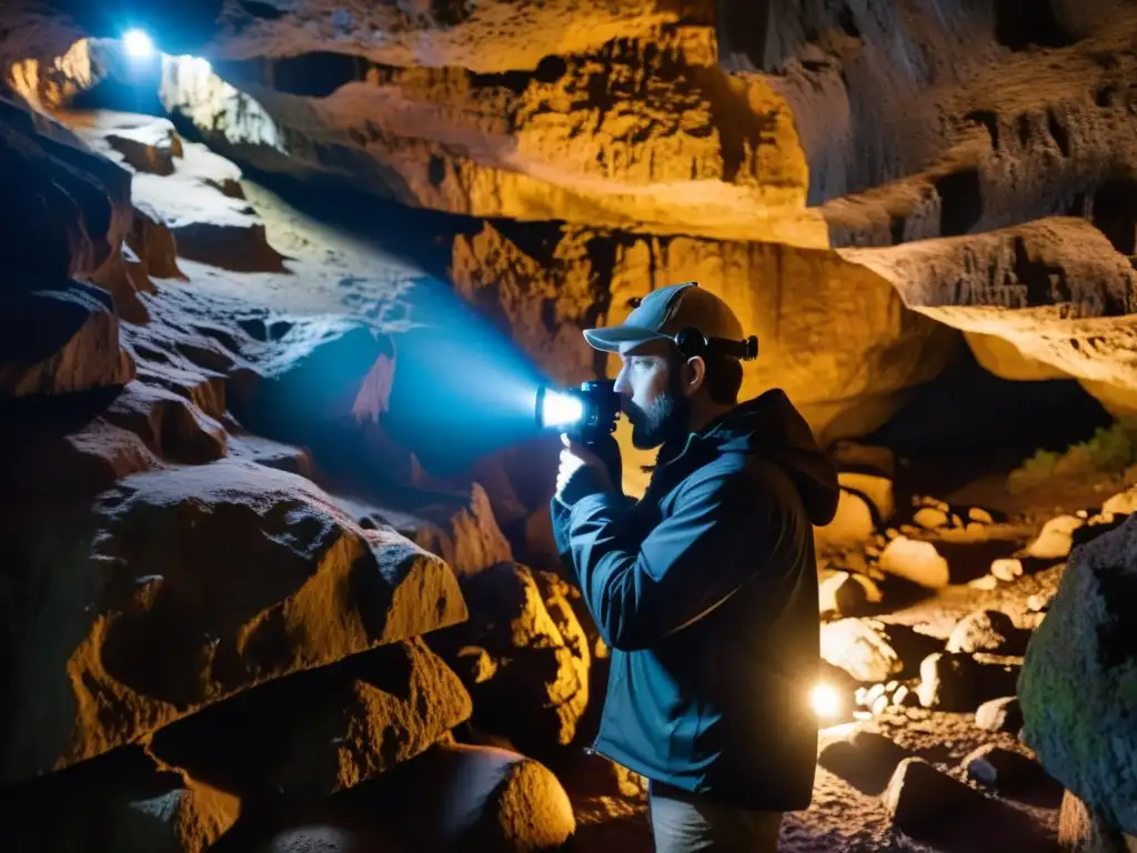 Un fotógrafo ajusta cuidadosamente su cámara en una cueva misteriosa