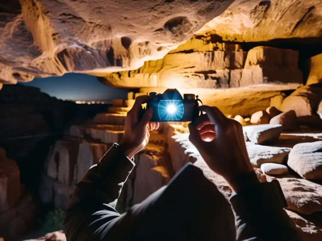 Un fotógrafo ajusta la cámara en una cueva oscura, mostrando la determinación en espacios subterráneos oscuros