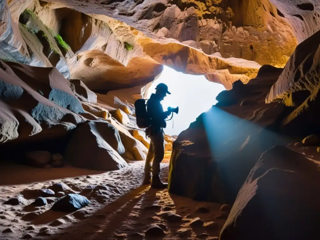 Un fotógrafo ajusta cuidadosamente su cámara en una cueva subterránea, resaltando la belleza cruda del entorno