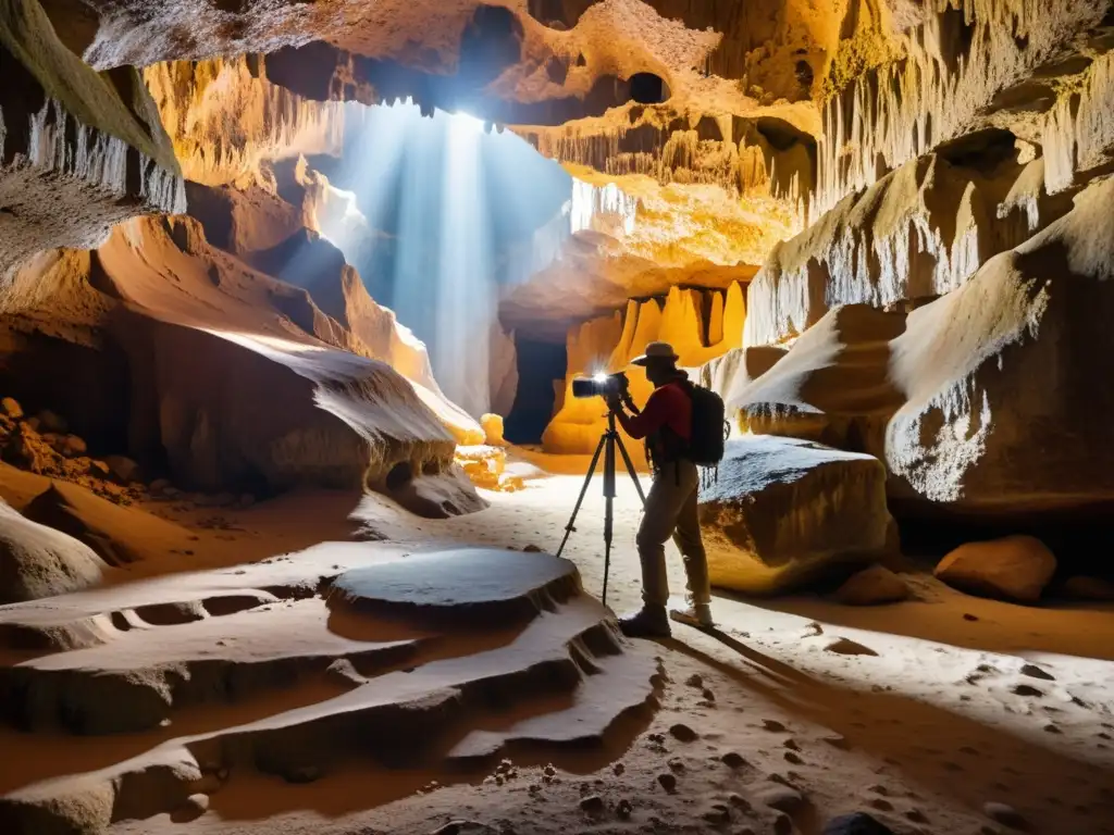 Un fotógrafo prepara su cámara en una cueva subterránea iluminada, listo para capturar la belleza misteriosa