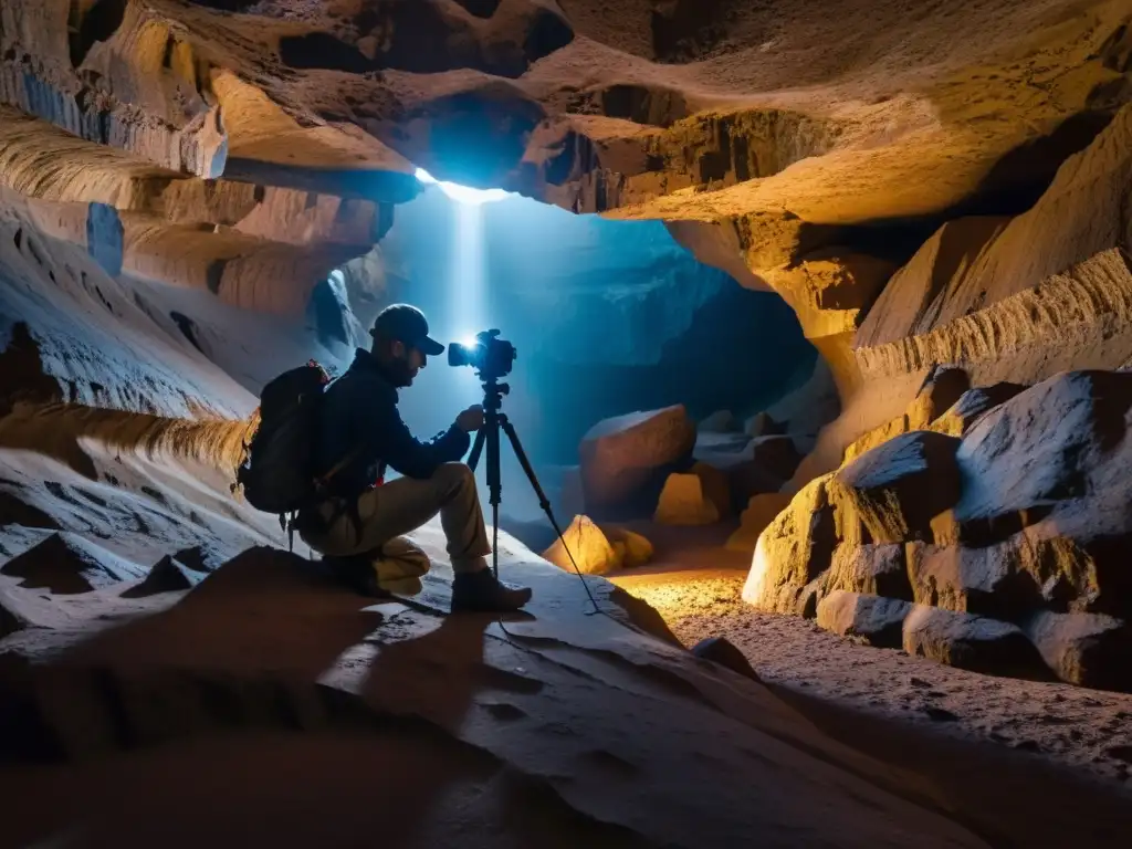 Un fotógrafo en cueva estrecha, usando trípode para capturar formaciones rocosas